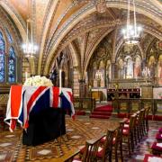 The coffin of Baroness Thatcher rests in the Crypt Chapel of St Mary Undercroft beneath the Houses of Parliament in central London