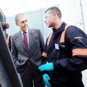The Duke of Westminster chats with apprentice Matthew Campbell after officially opening Electricity North West’s training centre in Blackburn