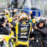 THAT WINNING FEELING: Adam Morgan celebrates victory at Brands Hatch in the final race of last season