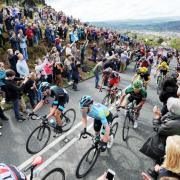 Team Sky's David Lopez (left) nears the summit of the Cote de Cow and Calf during the Tour de Yorkshire between Wakefield and Leeds