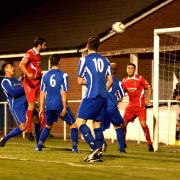 GOAL: Colne’s Jason Hart heads home his side’s first goal in their 4-1 midweek win over Squires Gate