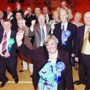 BLUE IS THE COLOUR: Susan Haworth who gained Altham leads the Conservative celebrations in Hyndburn
