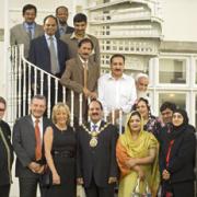 WELCOME:   The Mayor (front, centre) with (front, left to right)  Canon Chivers from Blackburn Cathedral, Harry Devonport, Carole Grady, head of the Ethnic Minority Achievement Service who organised the visit, Rafid Naz Jadoon, from Abbotabad, Anjim