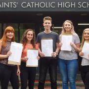 From left, Beth Ashworth, Antonia Fry, Ben Keeley, Megan Fletcher, Emily Farr celebrate GCSE results at All Saints' School, Rawtenstall