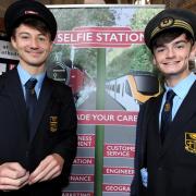 Careers conference and open day at Blackburn Cathedral organised by Blackburn with Darwen Council. Selfie time for Jack Stanley, left and Joe Hoyle from St Bede's School on the Community Rail Lancashire stand. Picture by Paul Heyes, Thursday