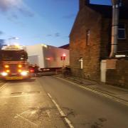 The lorry stuck at traffic lights in Rainhall Road, Barnoldswick