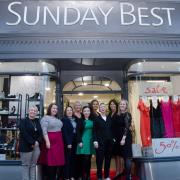 Trendsetters in corporate giving – the Farleys Solicitors team outside Sunday Best with Rosemere Cancer Foundation’s corporate fundraising manager Cathy Skidmore first from the left, celebrity stylist Jill Pollitt (fourth left) and boutique owner Jan