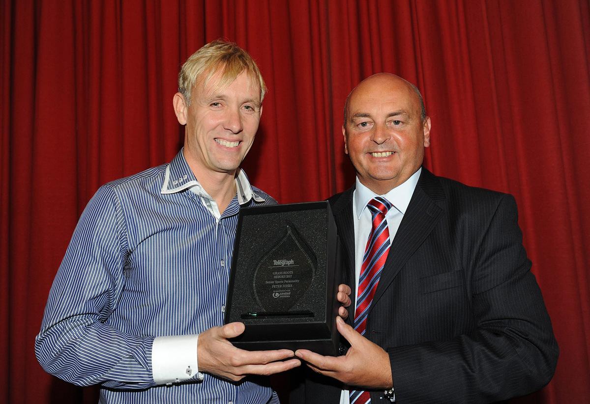 Peter Jones accepts the Senior Sports Personality Award from Sponsor Garry Edwardson of United Utilites, during the Grassroots Awards 2011.