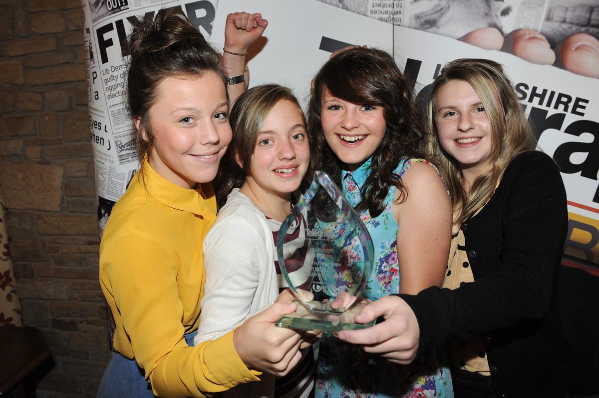Members of the St Bedes Under 13's Girls Football Team L/R, Freya Knowles, Megan Hester, Neeve Hulton and Amber Kenyon celebrate winning the Community Club of the Year Award, after the Grassroots Awards.