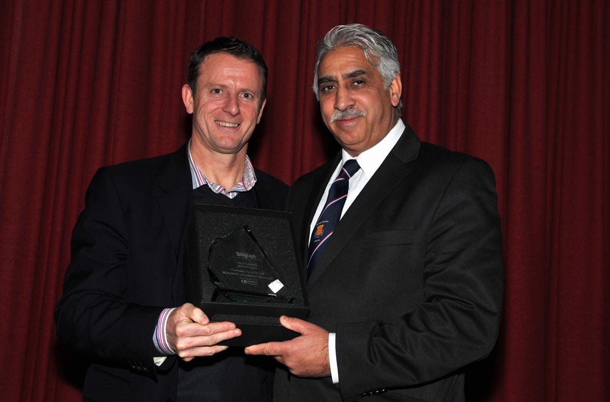 Kevin Gallacher presents Yaqoob Hussain MBE of Blackburn and Darwen Police Amature Boxing Club with the Community Club of the Year Award 2012.