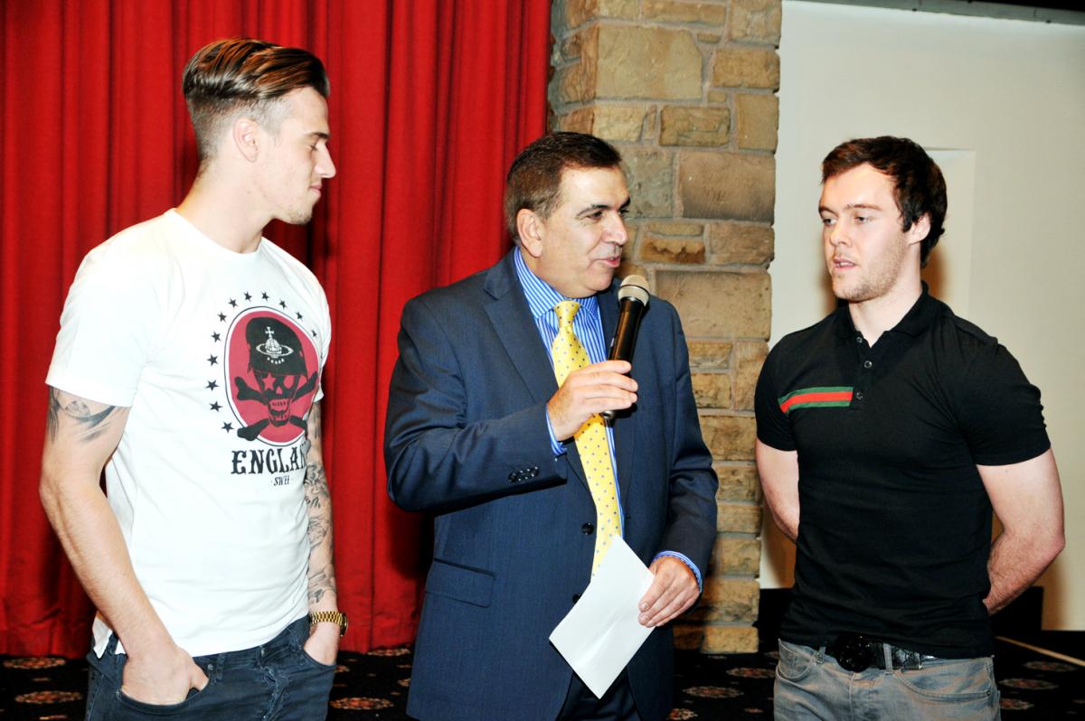 Andy Ashworth interviews (L-R) James Gray and Michael Liddle of Accrington Stanley FC