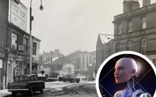 Water Street, Blackburn 1960s. Inset is stock photo of AI person.