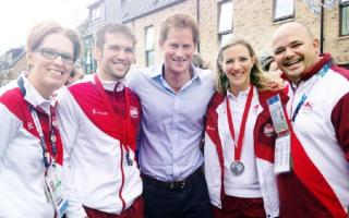Laura Massaro, second from right, is joined in meeting Prince Harry, centre, by (from left) Louise Pickford, Tom Reed and Matt Divall