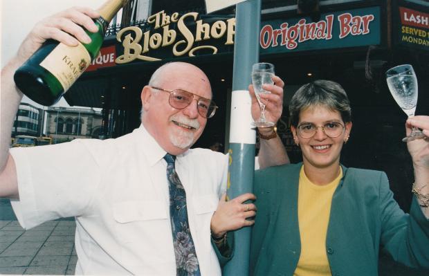 The blob shop - Departing Manager Ged Ford hands over the Blob Shop to new manager Joanne Hardman in 1997