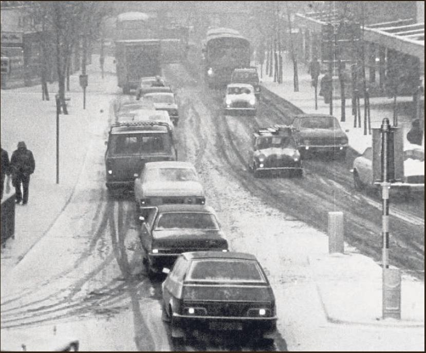 TOUGH: Traffic negotiating St James’s Street, Burnley, February 1979