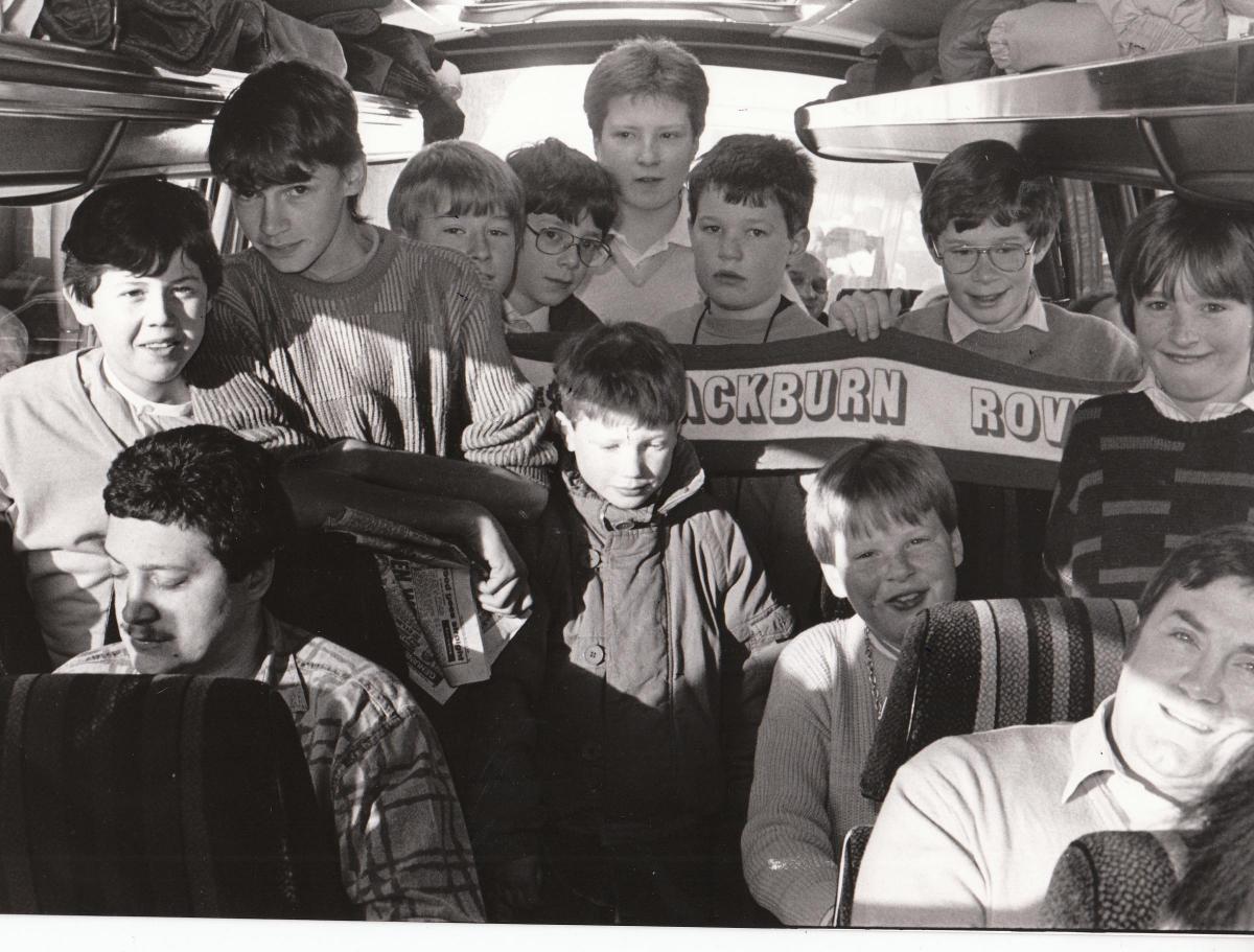 Fans on one of the I.C.I coaches which left Darwen for Wembley in 1987.