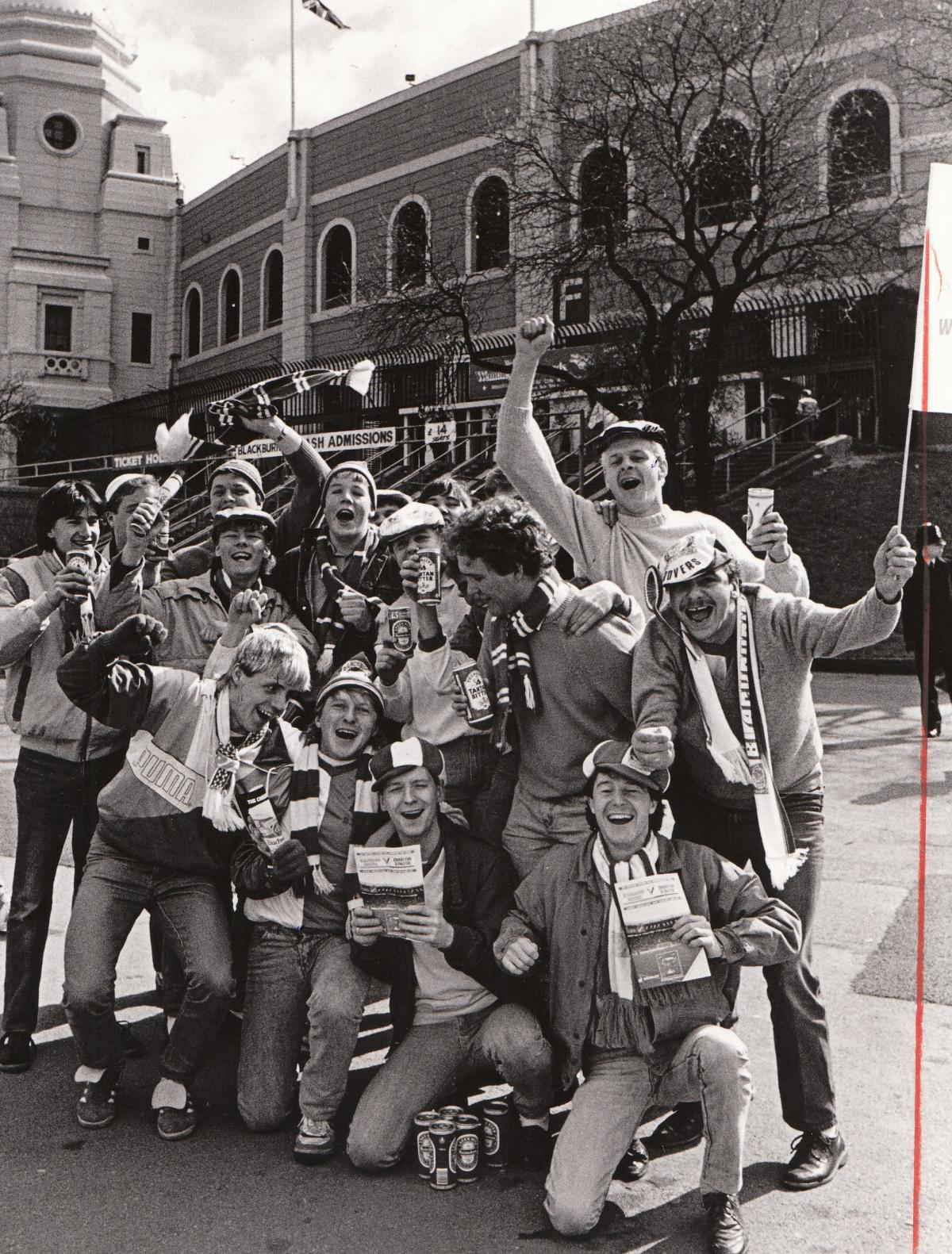 Fans from Rishton Conservative Club in jubilant mood outside Wembley towers in 1987.