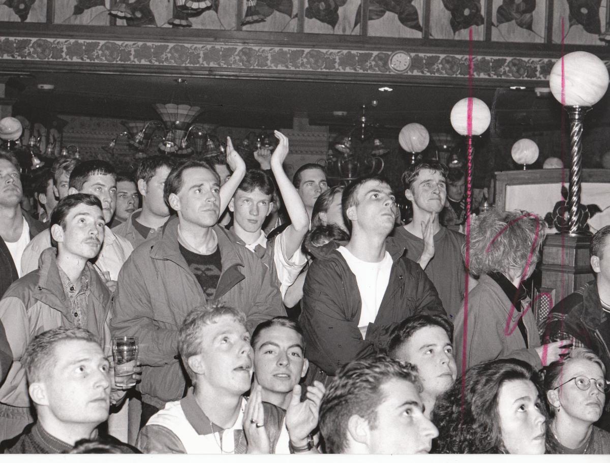 Rovers fans watching their side on the big screen for the first time in The Brewers in 1992.