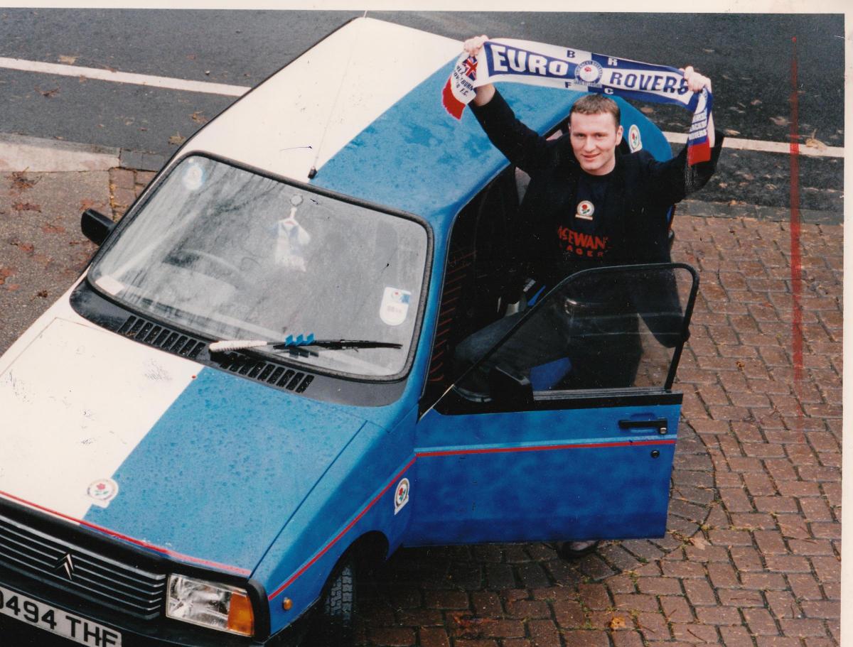 Rovers fan Jamie Snape with his blue and white Citroen Visa in 1994.
