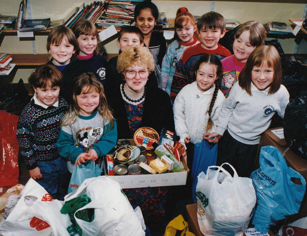 Sue Paxton collects aid for Romania from Park County Primary pupils (Colne)