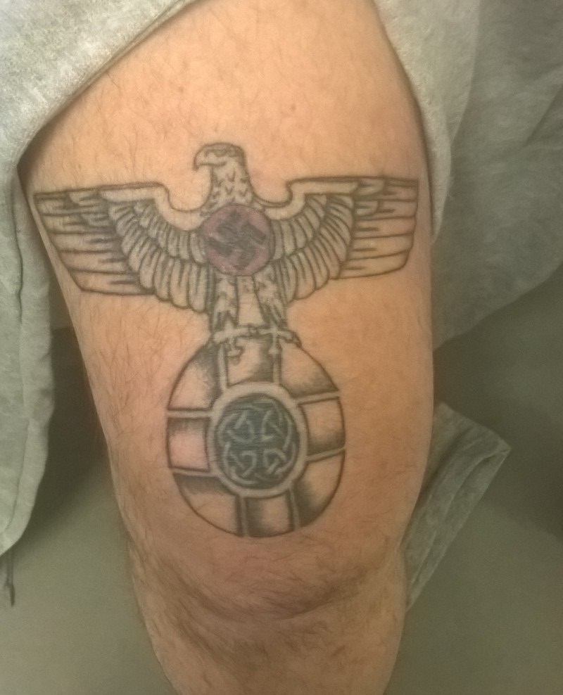 The Nazi tattoo on Tobias Powells thigh, he has been jailed for three years