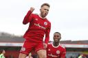 Jordan Clark celebrates after giving Accrington Stanley the lead in their 2-1 win over AFC Wimbledon