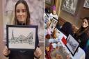 Lucy holding her drawing of the Blackpool skyline (left) and Lucy and brother Arthur at a crafts stall