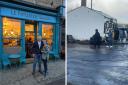 Left is Steve and Wendy Middleton outside the redecorated 1832 Barista. Right is Brassic cast filming in Bury