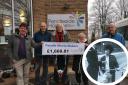 Howard Greenwood (left), Peter Copestake (middle) and other members of the Pendle Movie Makers giving a cheque to Pendleside Hospice. Inset is snap shot of movie The Lonely One