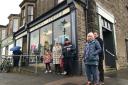 Queue at Whitworth pharmacy, Barnoldswick. April 2023. Pic : Robbie MacDonald LDRS. Approved for partners.