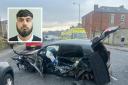 Hasnain Choudry and his wrecked car following the smash in Blackburn