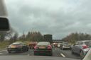 Traffic was held on the M65 between Blackburn and Accrington due to a crash