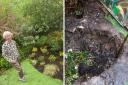 Dorothy Rigby in her garden now and the sinkhole that opened up