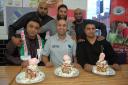 The team from Harry’s Takeaway and new dessert bar (back) line-up with the three challengers.
