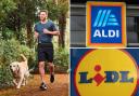Left photo via Aldi shows a man wearing Crane's training shorts from Aldi. Credit for Aldi and Lidl logos: PA.