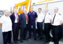 Coun David Whipp of Pendle Community for Safety Partnership (PCSP), PCSP mgr Geoff Whitehead, County Coun George Adam, Steve Morgan of Nelson Fire Station, Pennine Community Protection manager Jerry Cragg, Sgt Damian Pemberton; Chief Inspector Jeff Brown