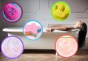 (Background) A woman in a bath. (Canva) (Circles) Bath bombs from Lush and Claire's (Lush and Claire's)