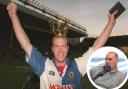 Alan Shearer celebrating winning the Premier League for Blackburn Rovers in 1996. Inset is former Rovers team-mate Mark Atkins