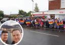 People rallying outside New Longton Post Office and Convenience Store, near Preston. Inset is Nathan Jones and Daniel Cooper.