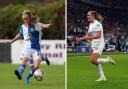 Ella Toone playing for Blackburn Rovers in 2016 and Georgia Stanway after she scored the winning extra time goal at Euro 2022.