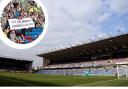 Burnley's Turf Moor football stadium and  sign at Turf Moor which says: 'Fans not criminals #standonthelongside'