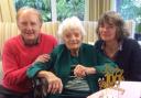 Jean Mellor celebrating her 100th birthday with  nephew David Mellor and niece Ann Green at Dutton Brook House