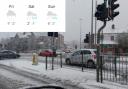 Snow in Blackburn. Inset is The Weather Channel's weekly forecast for Blackburn with Darwen