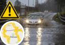 Generic image of a flooded road. Inset is a flood alert map, which includes Darwen, Blackburn, Preston, Walton-Le-Dale, Pleasington and Higher Walton