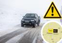 A generic image of an icy road. Inset is a yellow weather warning for ice