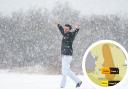 Generic image of a person in the snow. Inset is Met Office amber and yellow weather warning map
