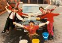 Comic Relief car wash at Heasandford Junior School, Burnley, in 1993  Louise Windle, centre, with Gemma Lee, Stacy Helm, Deborah Halstead, Leanne McNulty, Chris Johnson and Rebecca Brindle