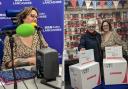 Gemma Allen on BBC Radio Lancashire (left) and Gemma and Joan picking up sewing machines (right)
