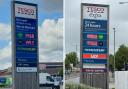 The price at which fuel is being sold this week in Blackburn (left) and the Burnley Tesco forecourt.
