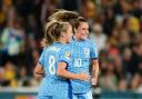 Ella Toone, right, celebrates scoring in a World Cup semi final